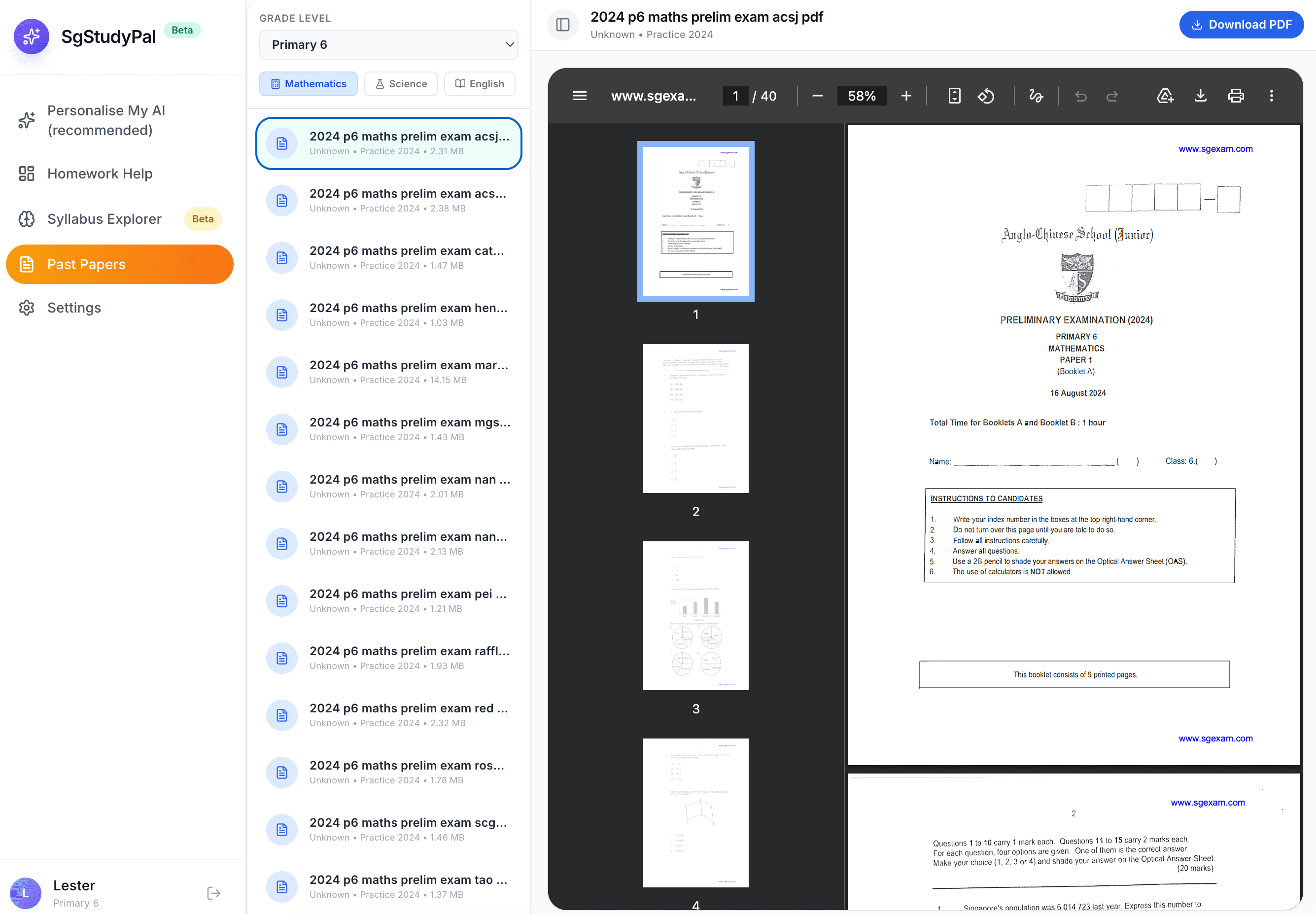 Digital library of exam papers organized by school, year, and subject